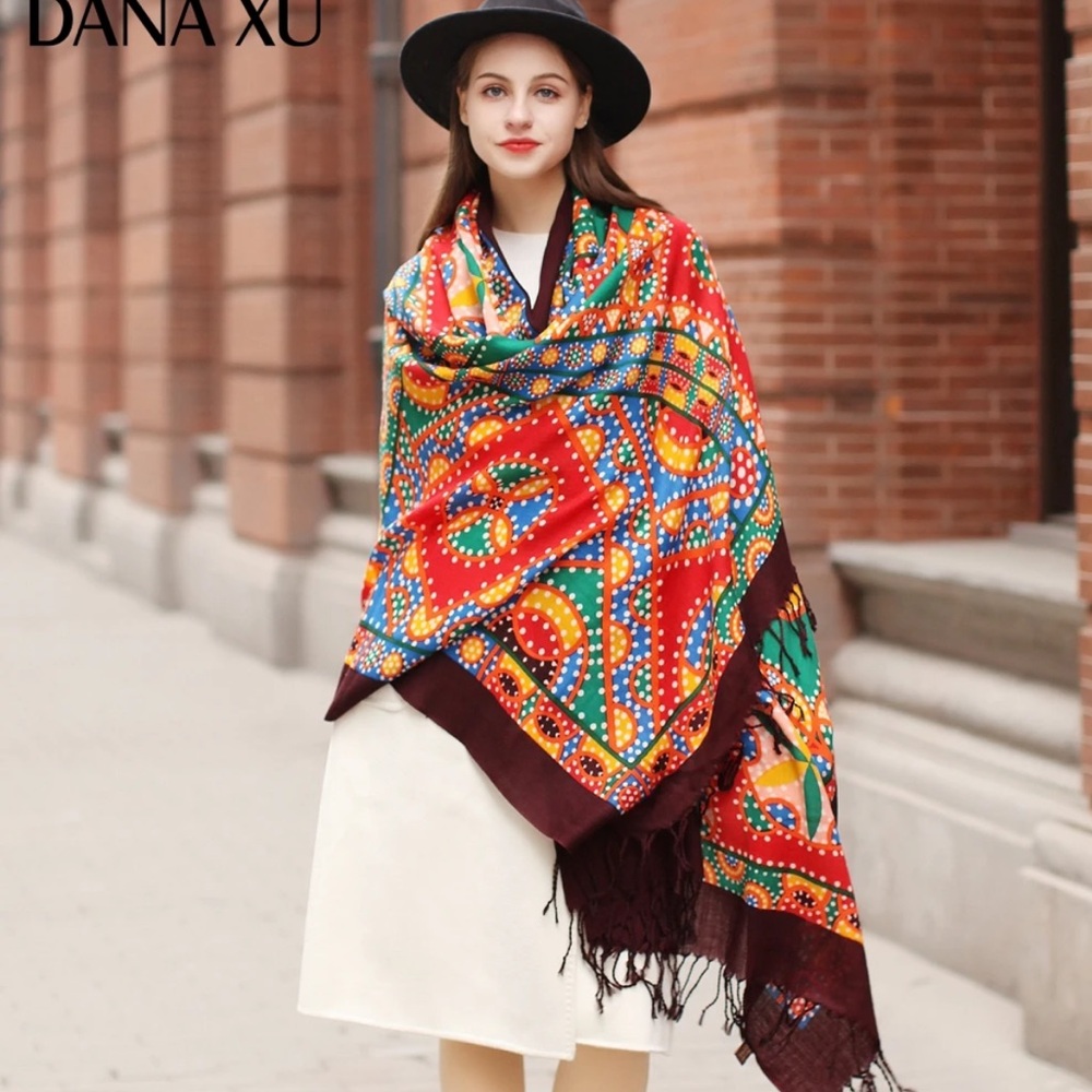 Dana Xu luxury Colorful 100% Wool fringe wrap shawl Scarf